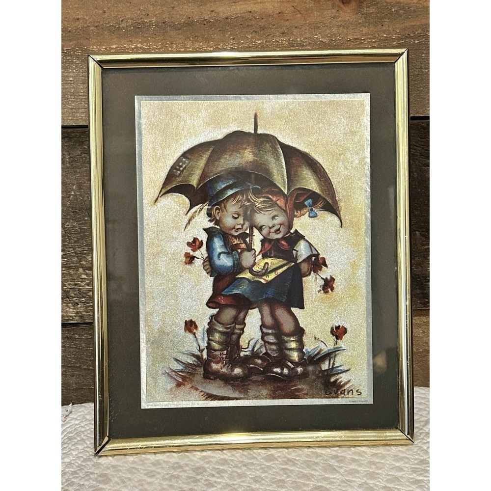 Vintage Hummel Picture Lithograph Framed Print Kids Siblings Art‎ Umbrella 11x9